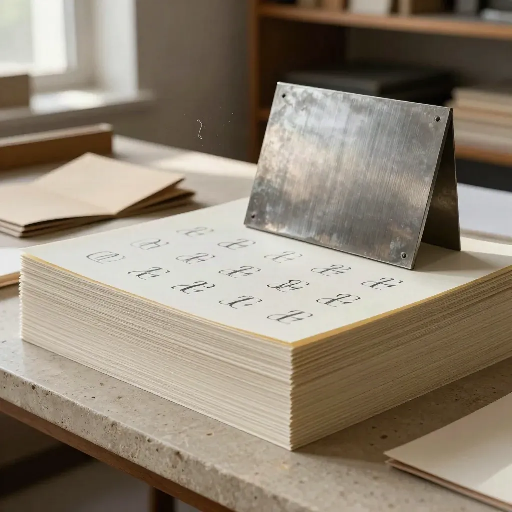 Monogramproeven op dik papier met embossplaat en gevouwen hoes op een stenen werkbank.