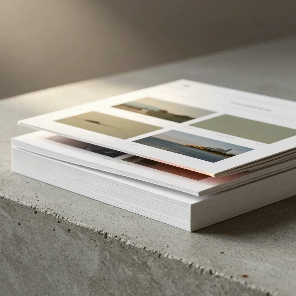 Foamboards met hero-secties en cropvlakken op beton in dramatisch licht