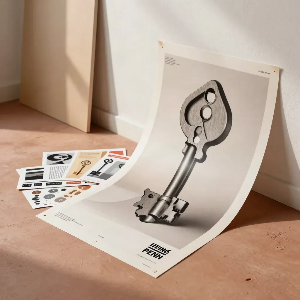 Posterproeven, bannerstroken en stickers voor campagne-assets op de studiovloer.