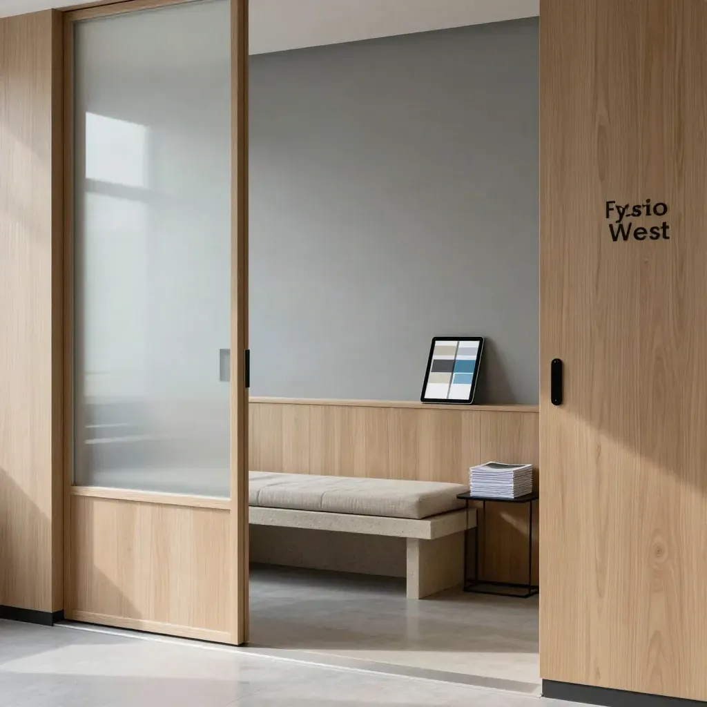 Rustige fysiokliniek met pale oak, stenen bank, mat glas en tabletstandaard.