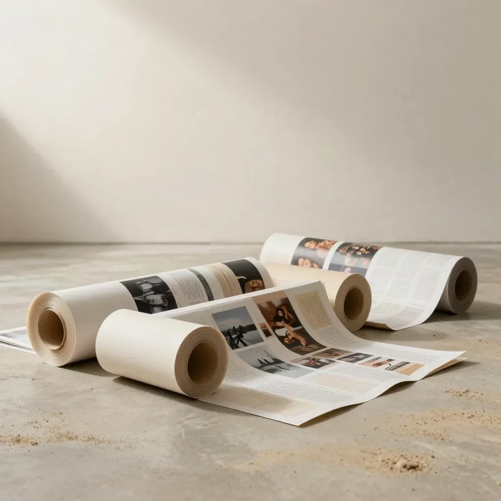 Rolposters en social visuals landen op een warme beige studio-vloer.