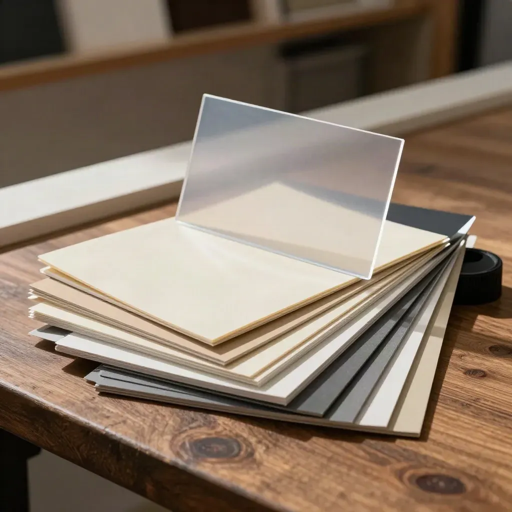 Stylistenmateriaal met kleurstalen, acetaat en matboard op een houten werkbank in dramatisch licht.