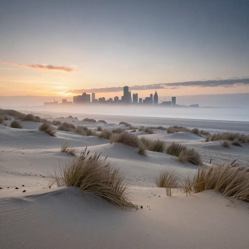 Duinlandschap bij zonsopgang met Amsterdam in de mist en veel rustige ruimte voor koptekst