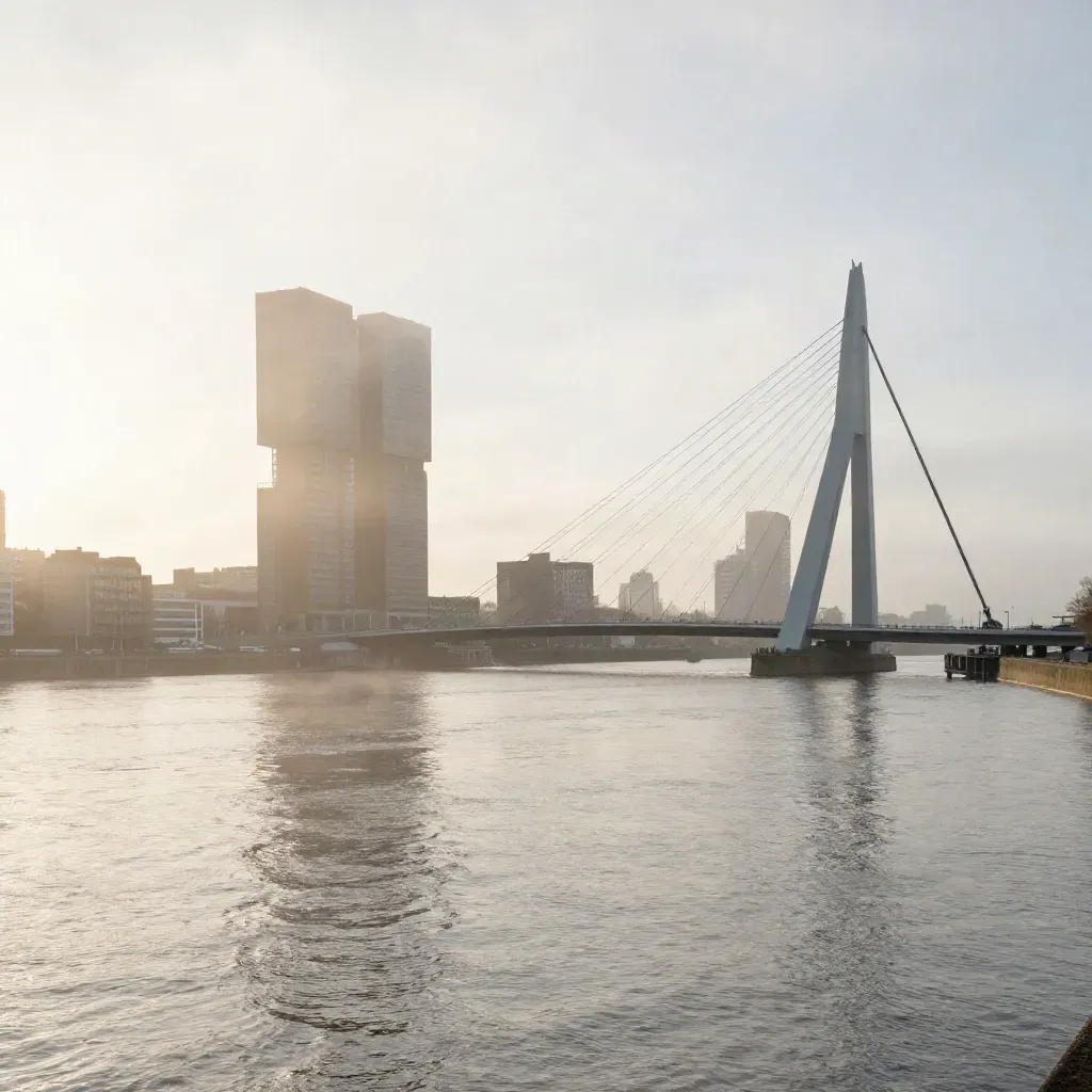 Rotterdam skyline en Erasmusbrug boven de Maas in mistig zonsonderganglicht.